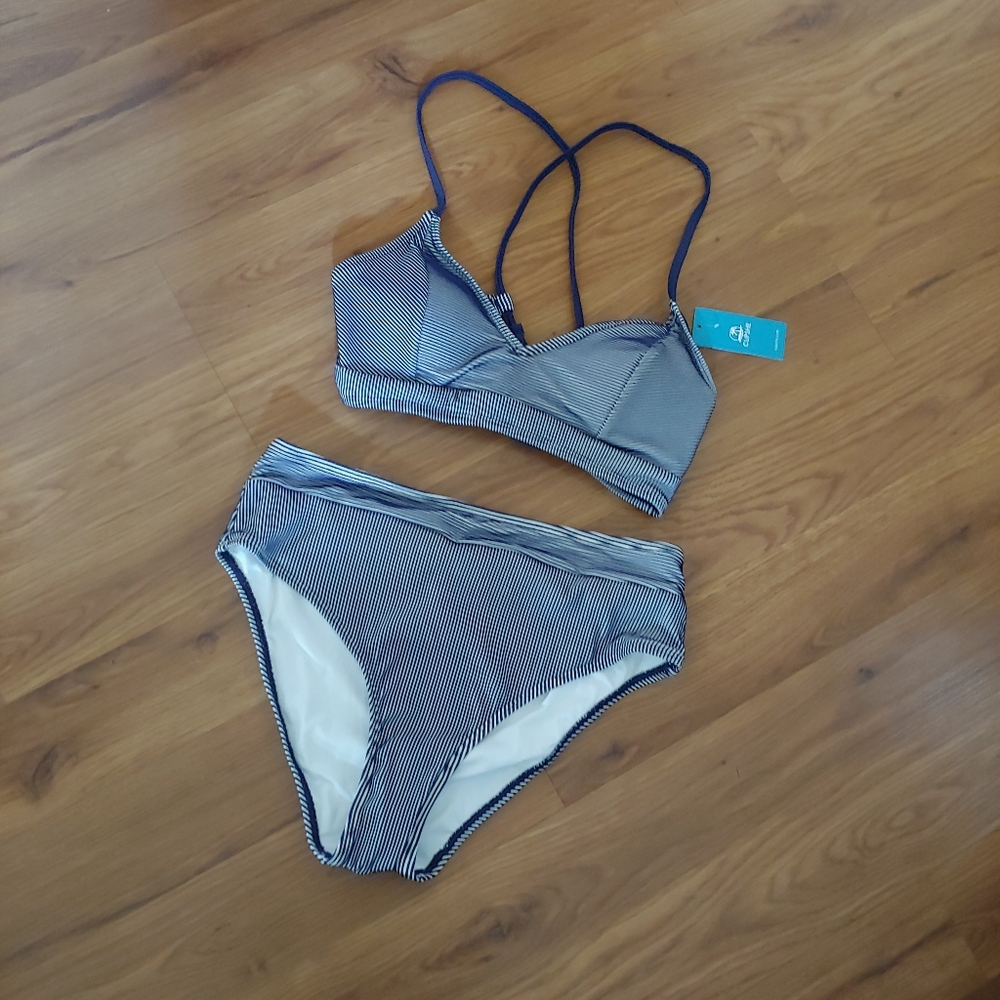 NWT Cupshe Blue Holographic V Two Piece Lace Bikini Swimsuit High Rise Bathing L - Picture 4 of 10
